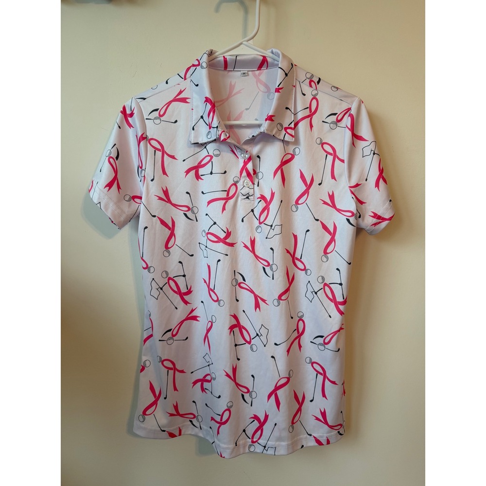 Womens Pink Ribbon Awareness Golf Polo Shirt White Short Sleeve Size M